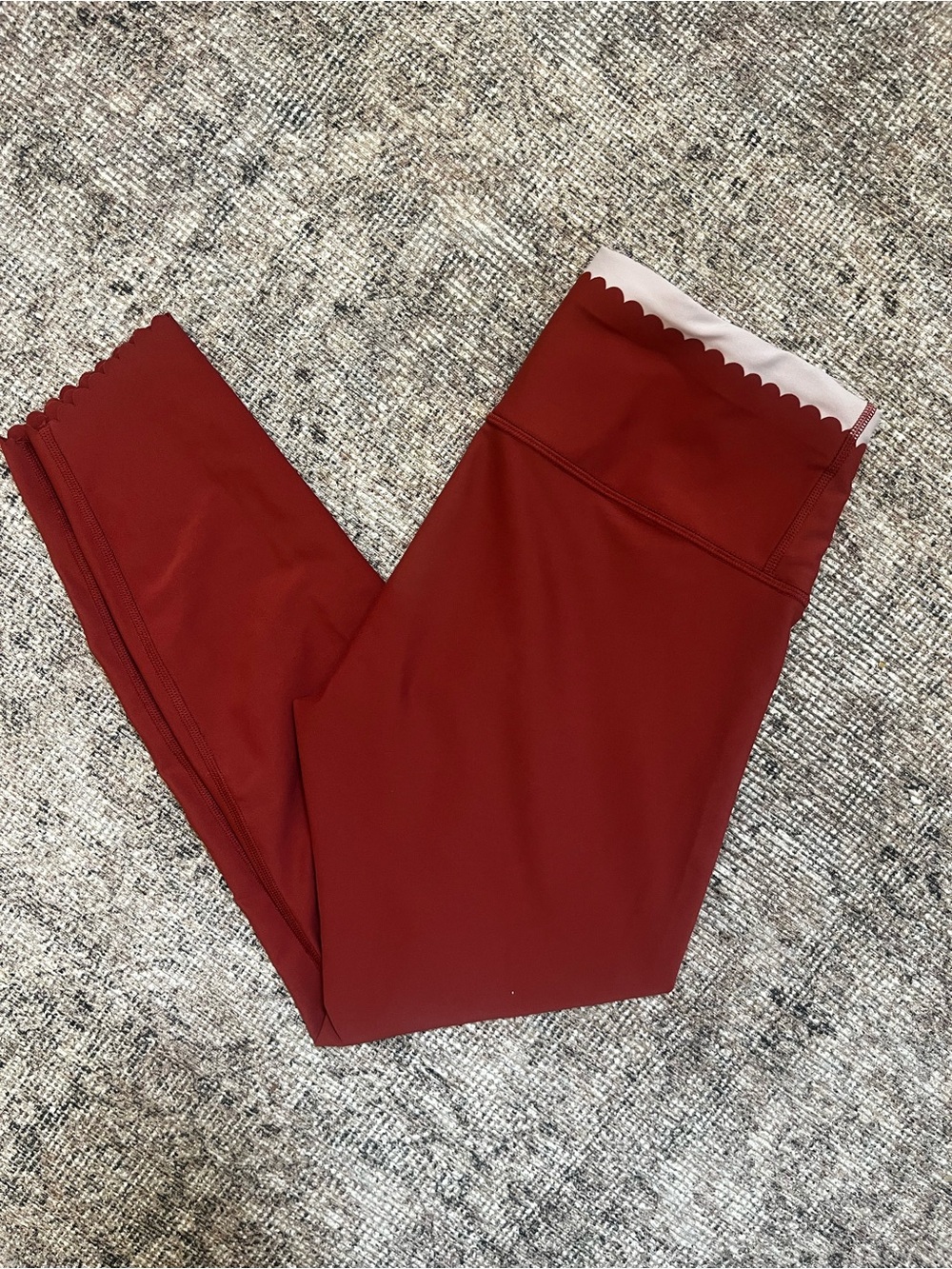 High Waist Scalloped-Waist Brick Red Leggings Active Tights S